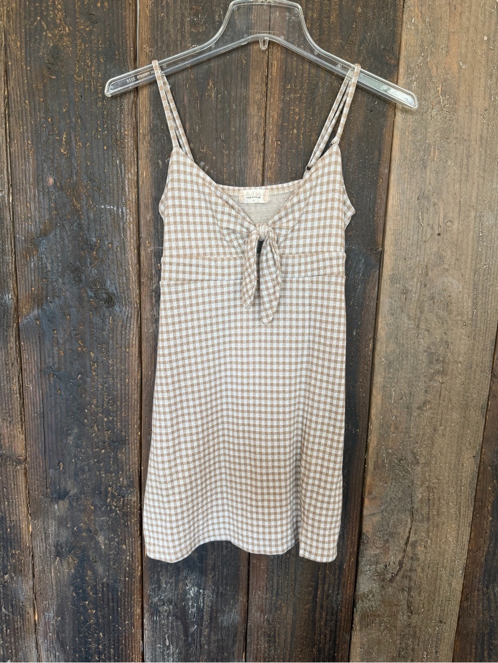 Gingham Tie-Front Slip Dress in Beige & White